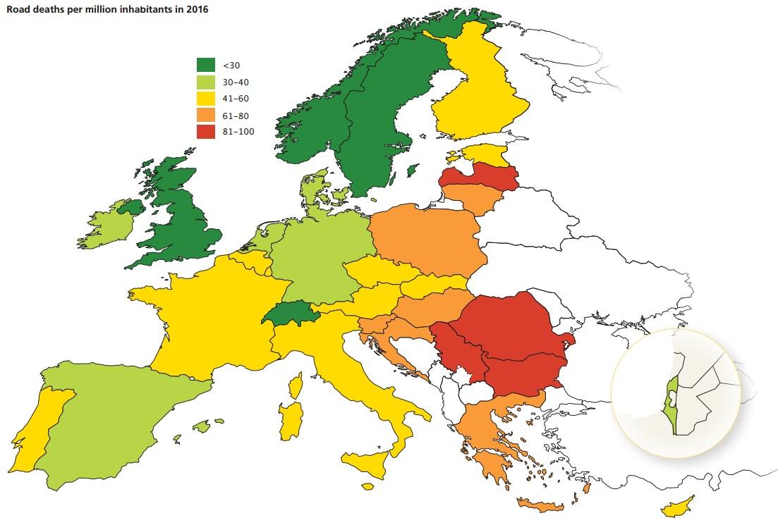 The European map of road accidents. Which country has most deaths in traffic